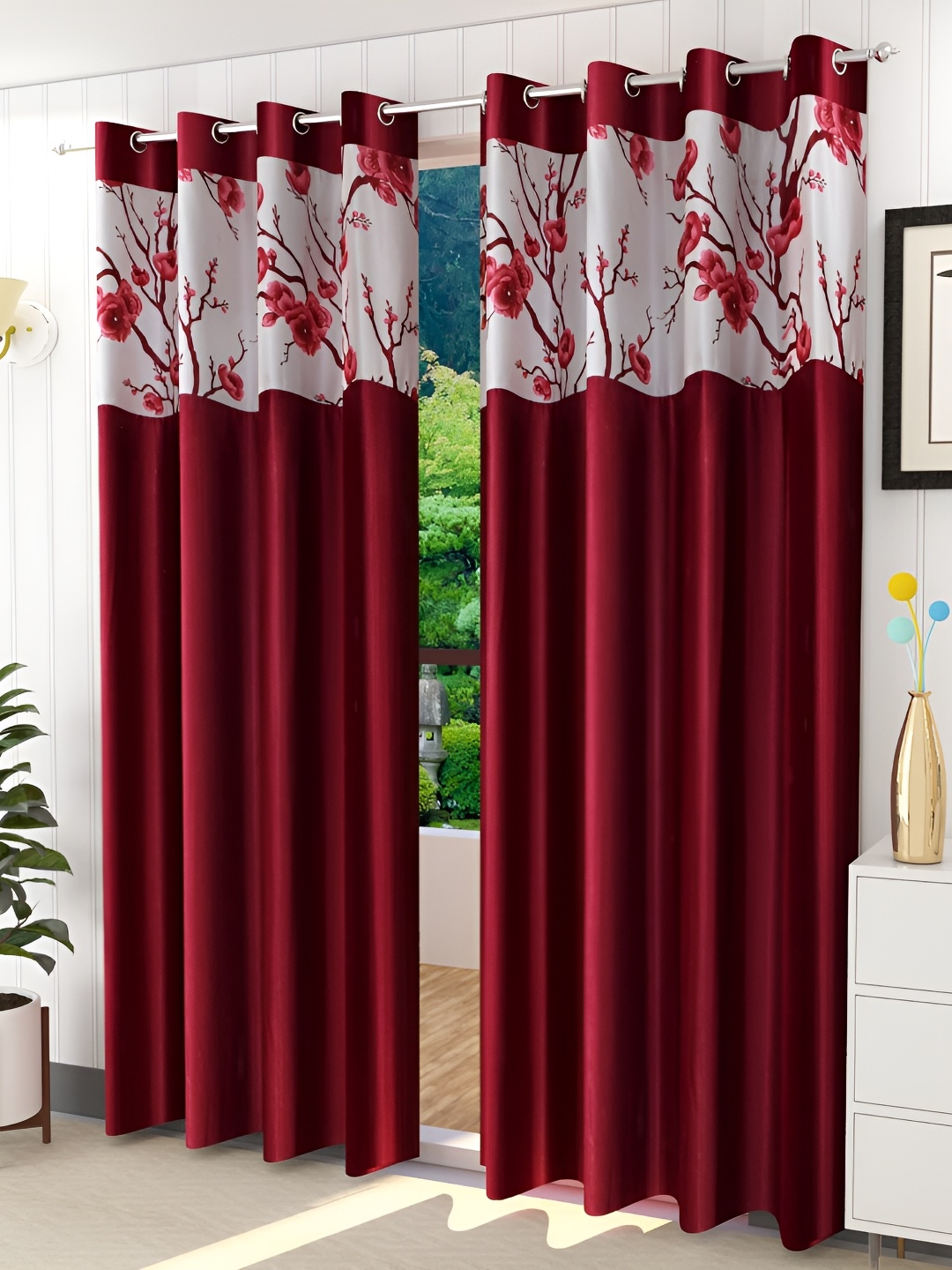 

Galaxy Home Decor Maroon and White Floral Room Darkening Door Curtains