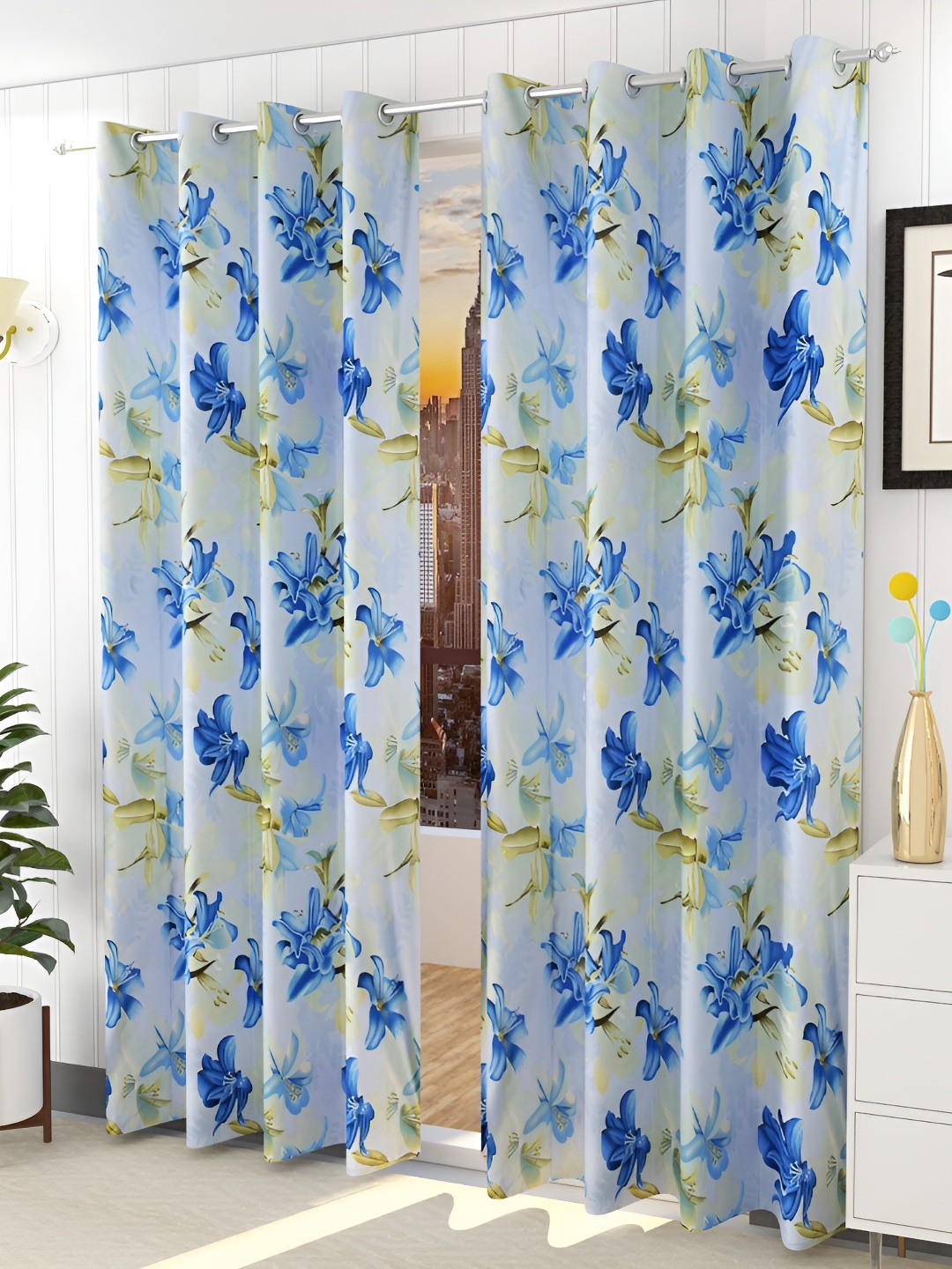

Galaxy Home Decor Blue 2 Pieces Floral Room Darkening Door Curtains
