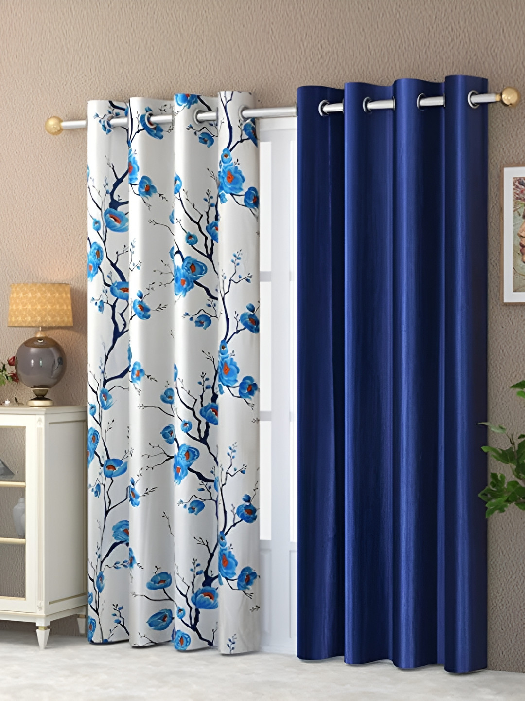 

Galaxy Home Decor Blue 2 Pieces Floral Eyelet Room Darkening Long Door Curtain