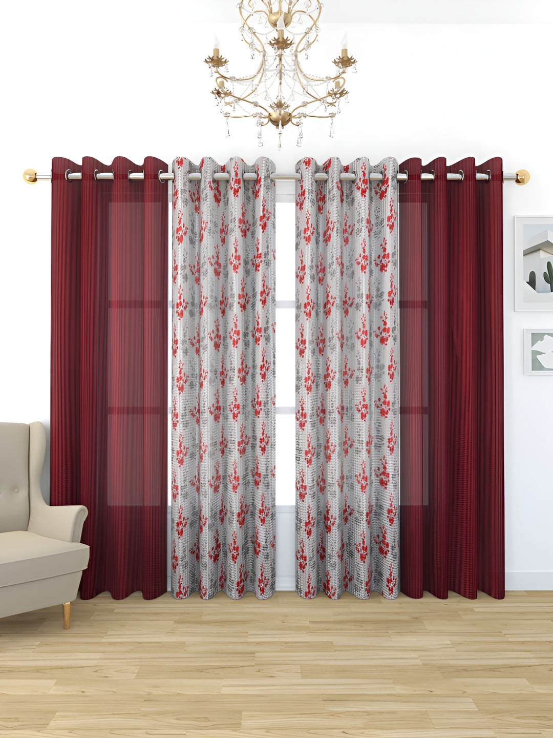 

Galaxy Home Decor Maroon 4 Pieces Floral Eyelet Room Darkening Window Curtain