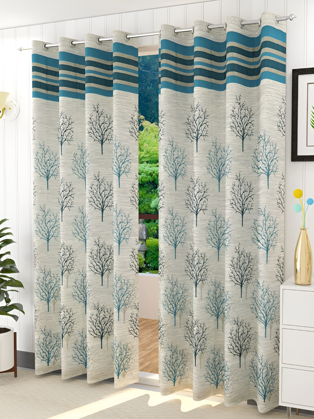 

Galaxy Home Decor Turquoise Blue 2 Pieces Floral Eyelet Room Darkening Window Curtain