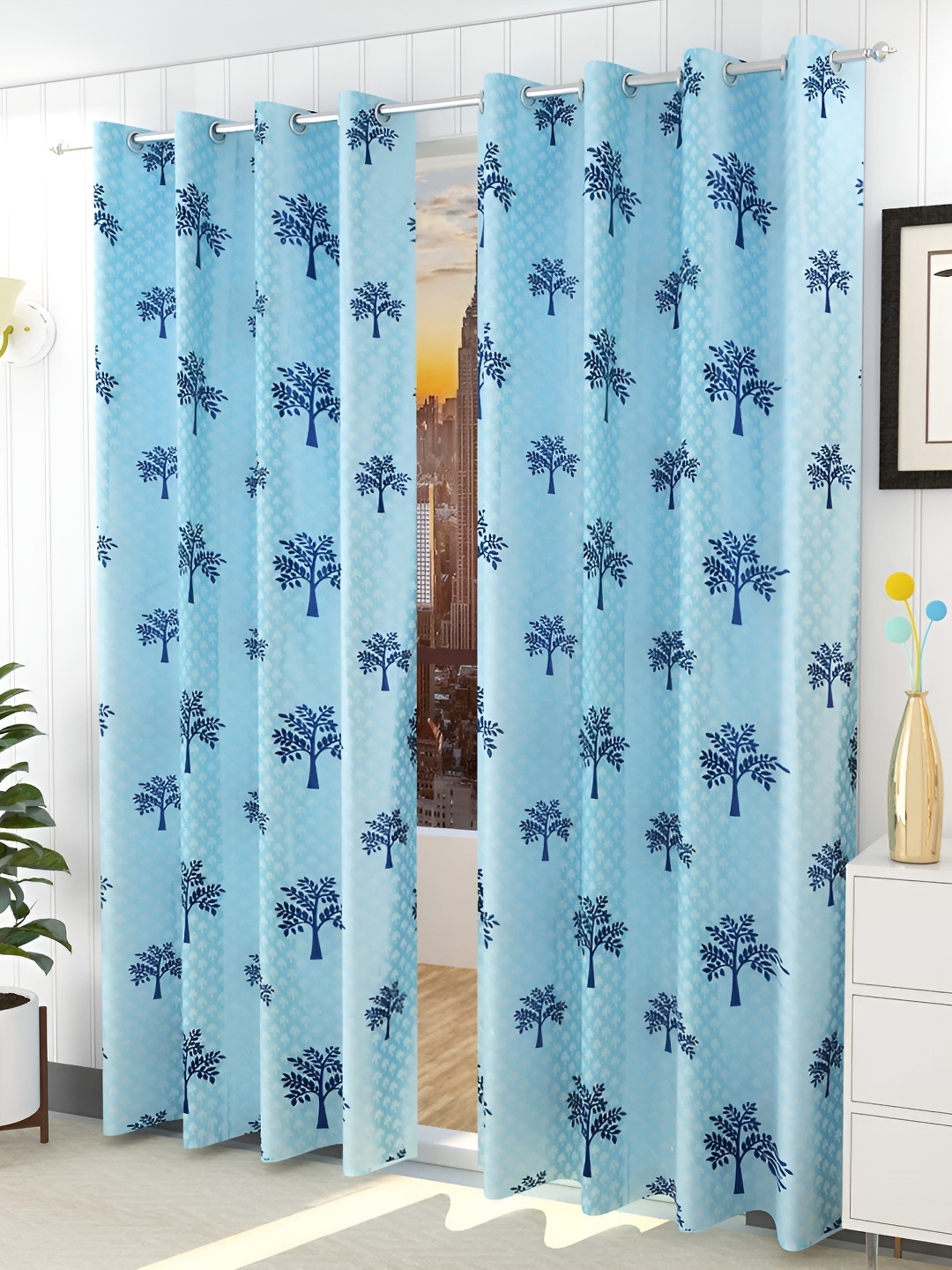 

Galaxy Home Decor Blue 4 Pieces Floral Room Darkening Long Door Curtain