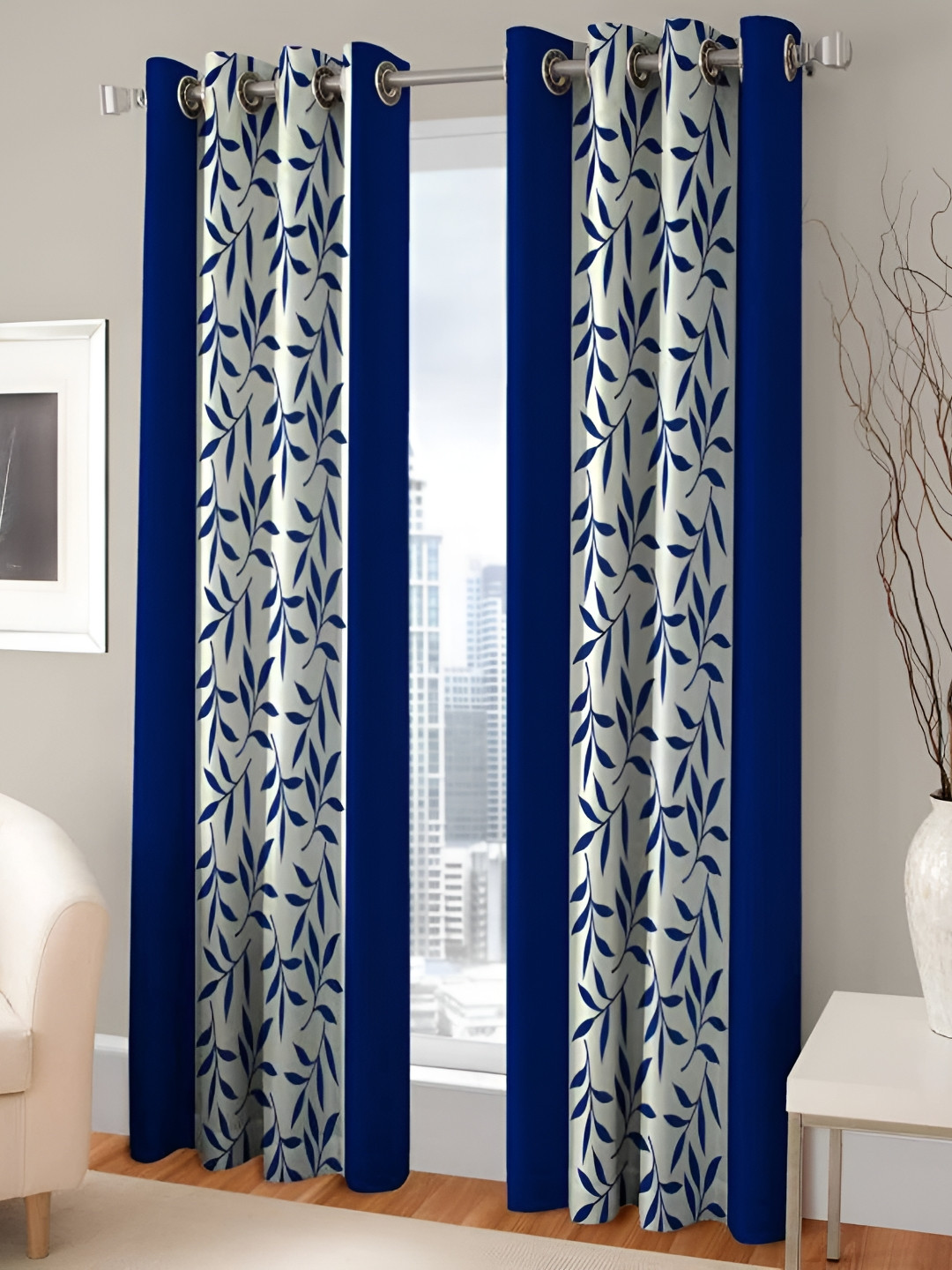 

Galaxy Home Decor Blue & White 2 Pcs Floral Room Darkening Long Door Curtain