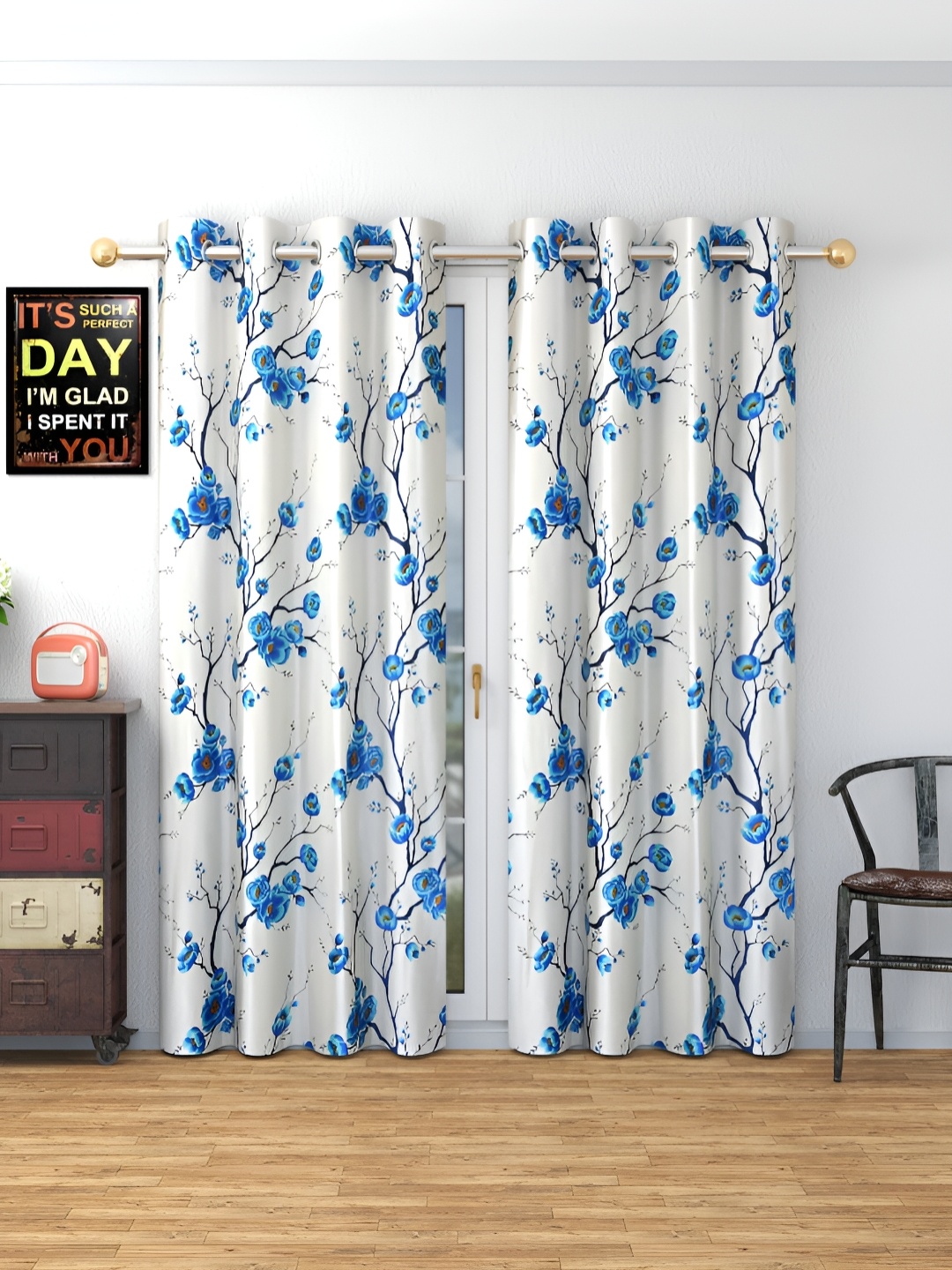 

Galaxy Home Decor Blue 2 Pieces Floral Room Darkening Long Door Curtain