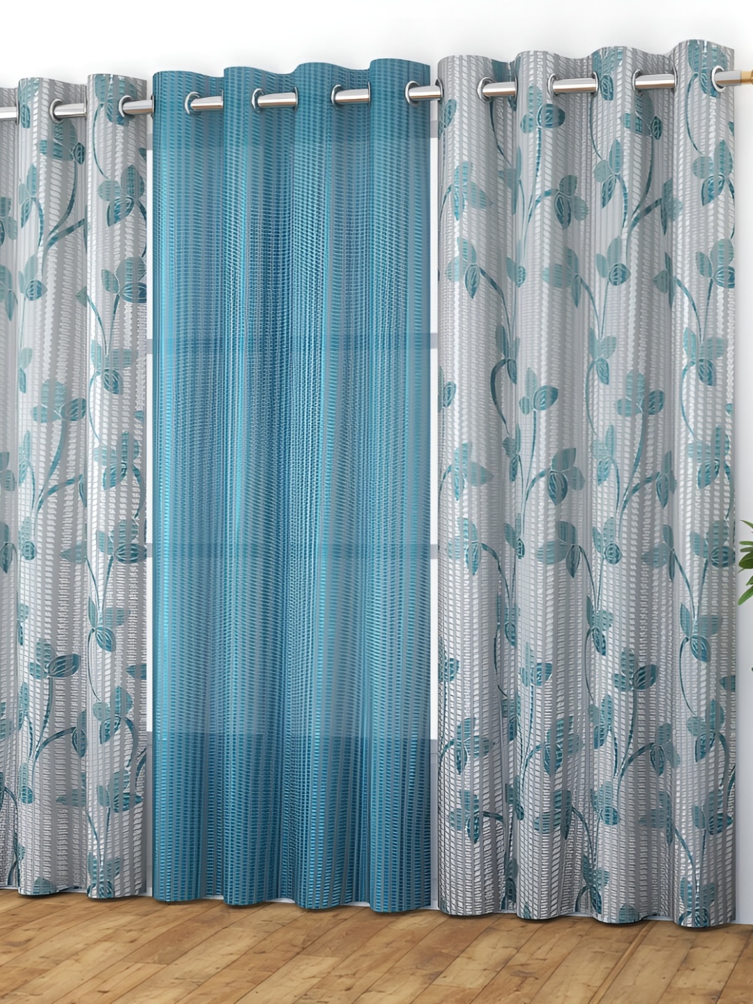 

Galaxy Home Decor Turquoise Blue 3 Pieces Floral Room Darkening Long Door Curtains