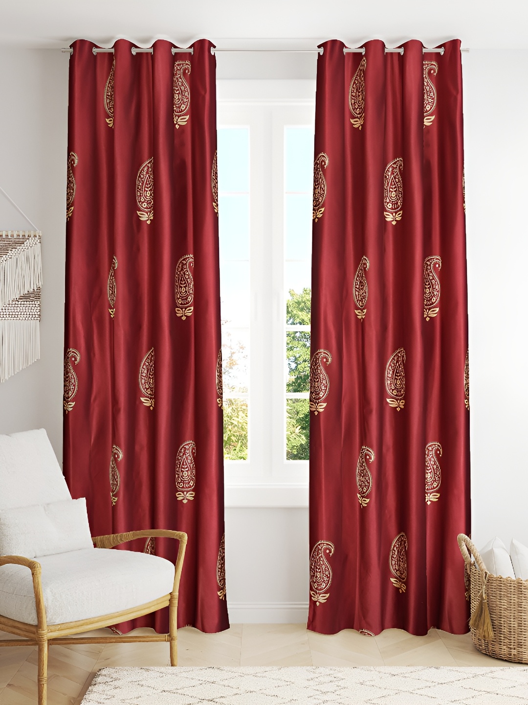 

Galaxy Home Decor Maroon 2 Pieces Ethnic Motifs Room Darkening Long Door Curtains