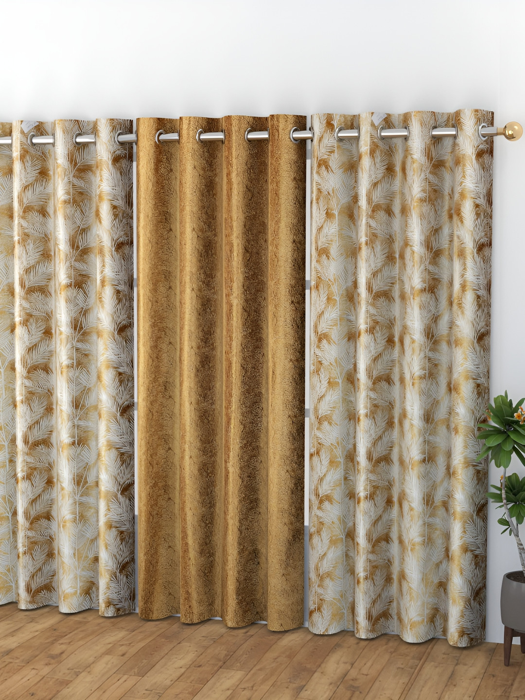 

Galaxy Home Decor Gold-Toned 3 Pieces Floral Room Darkening Long Door Curtains