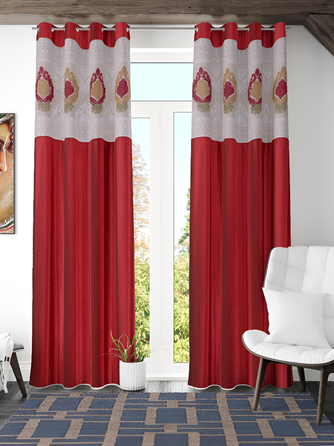 

Galaxy Home Decor Maroon & White 2 Ethnic Motifs Floral Room Darkening Window Curtains
