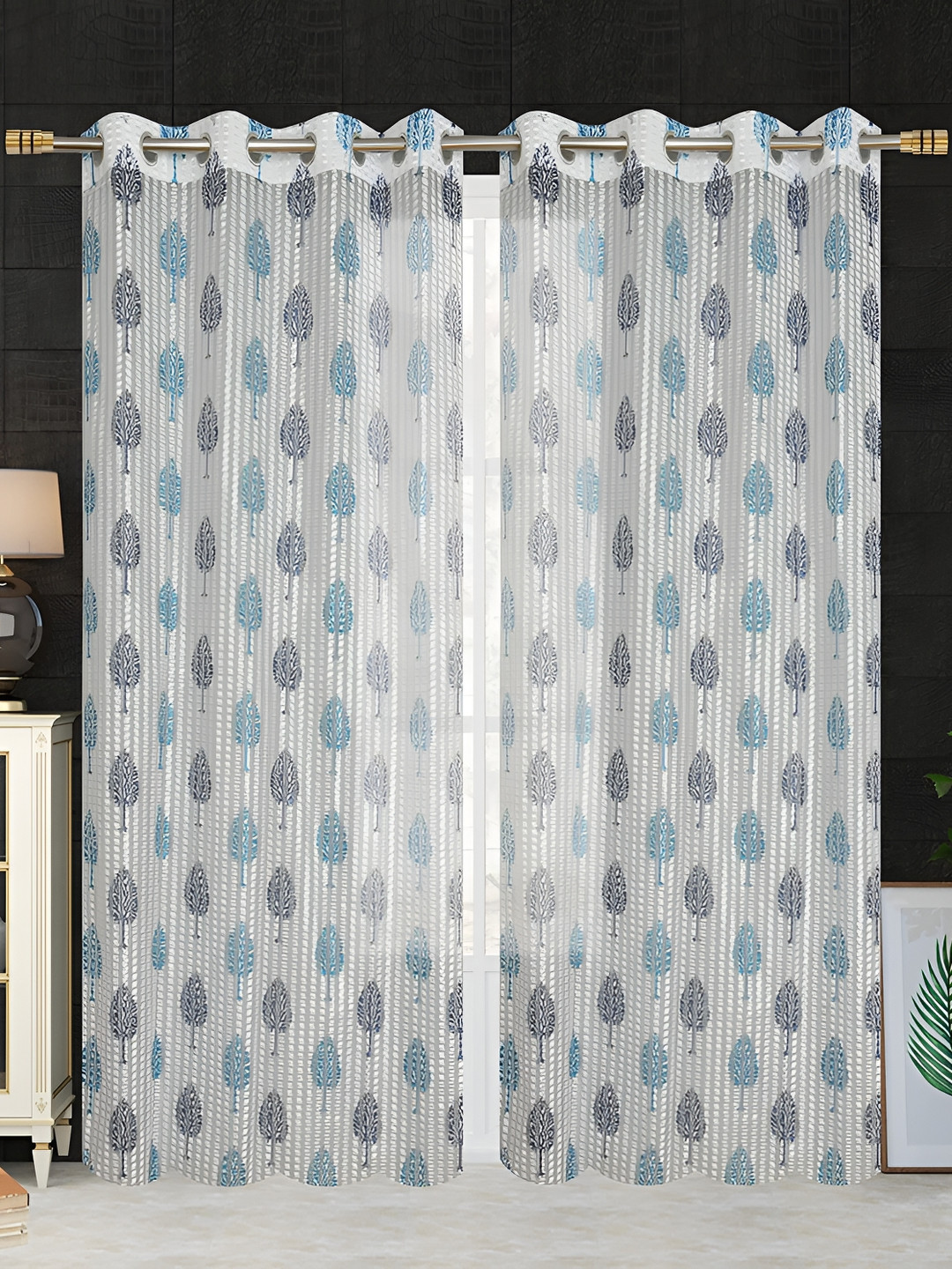 

Galaxy Home Decor White & Blue 2 Pieces Floral Room Darkening Long Door Curtains