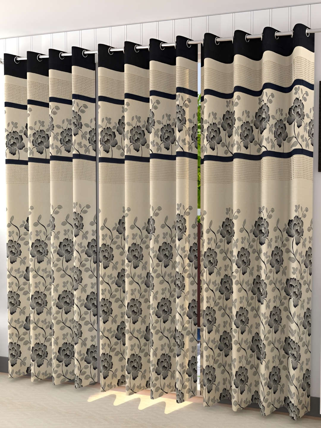 

Galaxy Home Decor Black & Cream 3 Pcs Floral Room Darkening Door Curtain