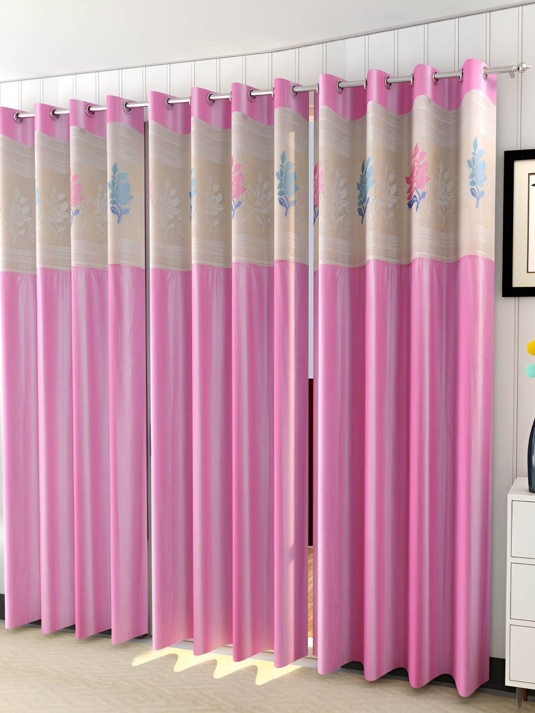 

Galaxy Home Decor Pink & Cream 3 Pieces Floral Printed Room Darkening Long Door Curtains