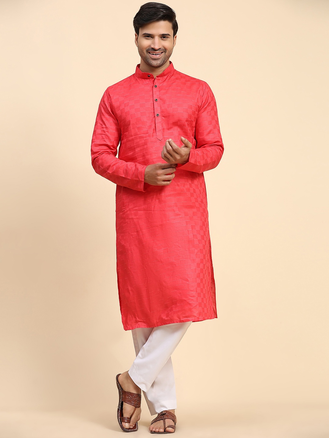 

Koshin Checked Jacquard Pure Cotton Straight Kurta, Red