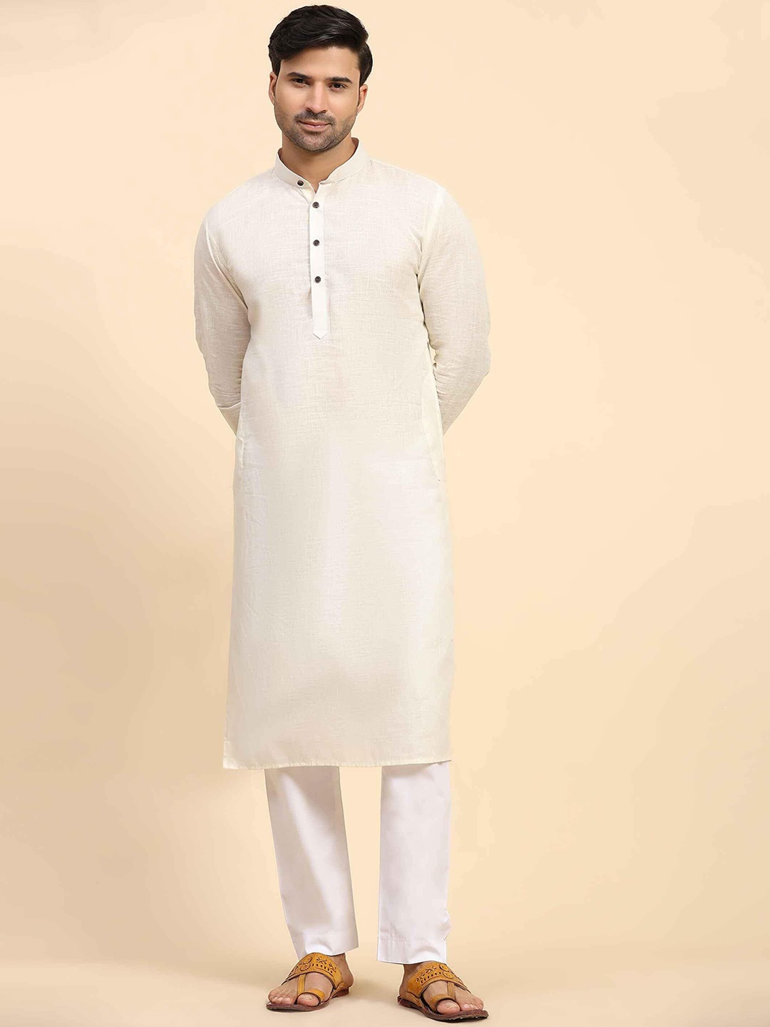 

Koshin Band Collar Jacquard Pure Cotton Straight Kurta, Off white