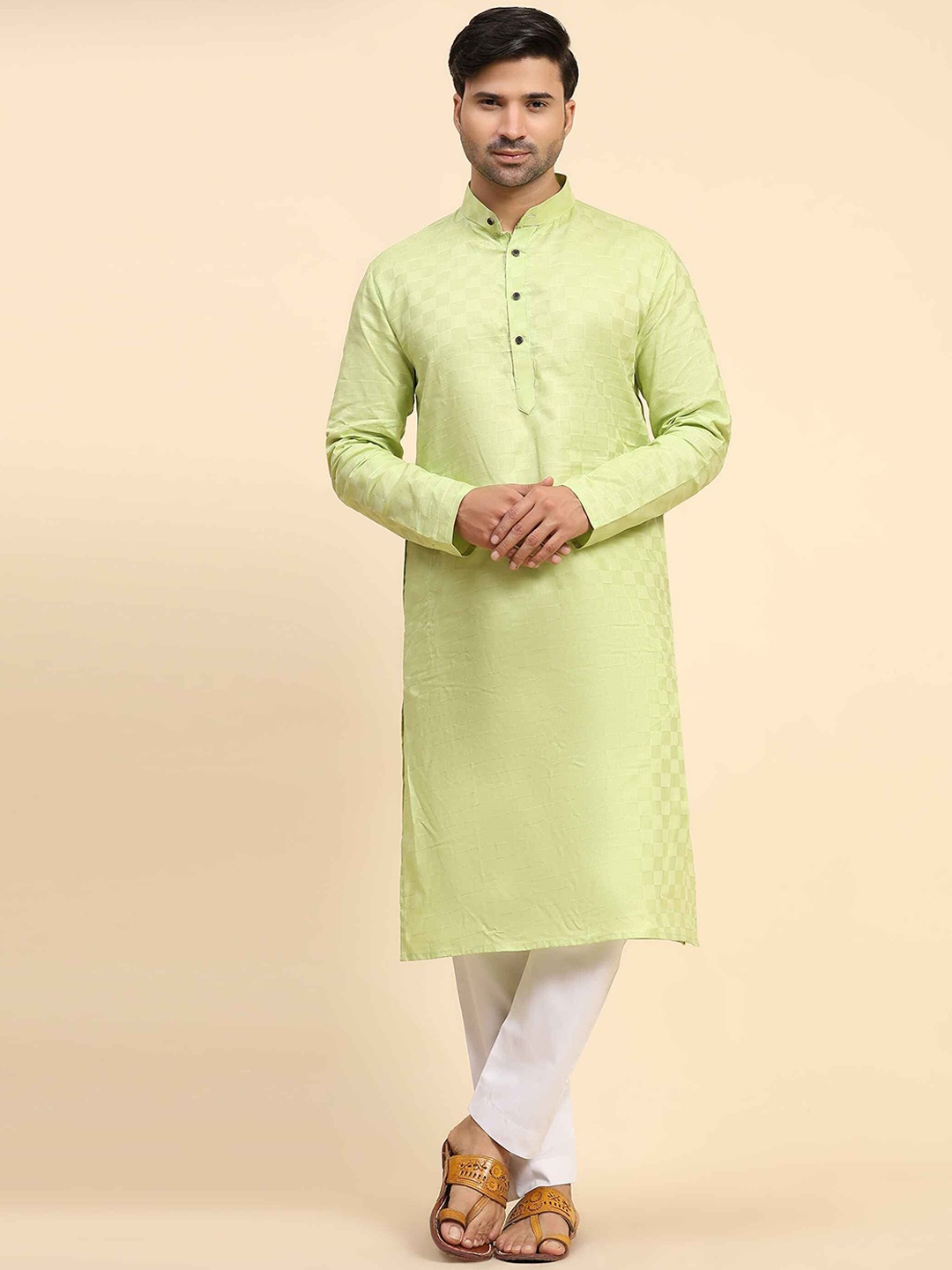

Koshin Checked Band Collar Jacquard Pure Cotton Straight Kurta, Green
