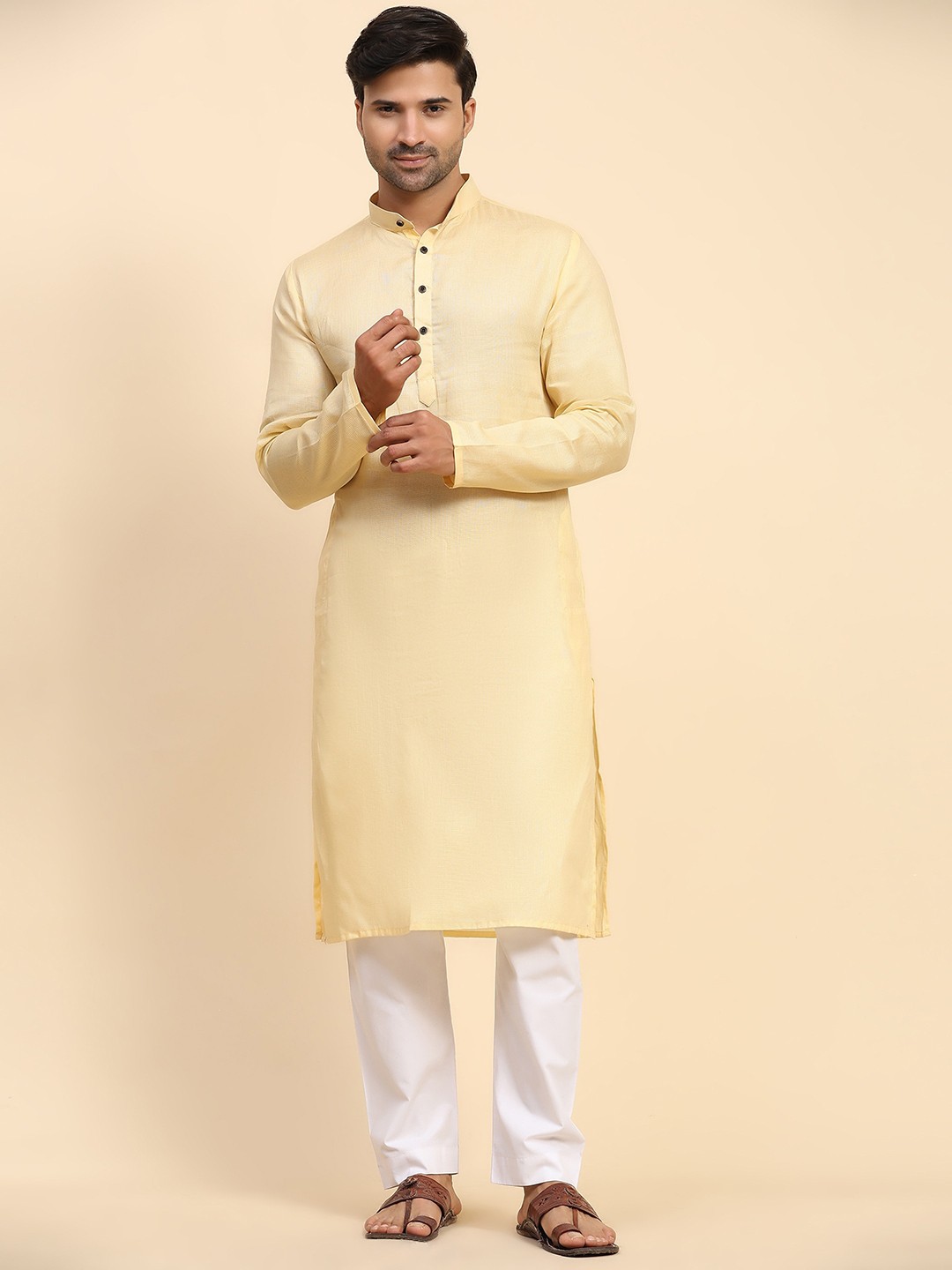 

Koshin Band Collar Jacquard Pure Cotton Straight Kurta, Yellow