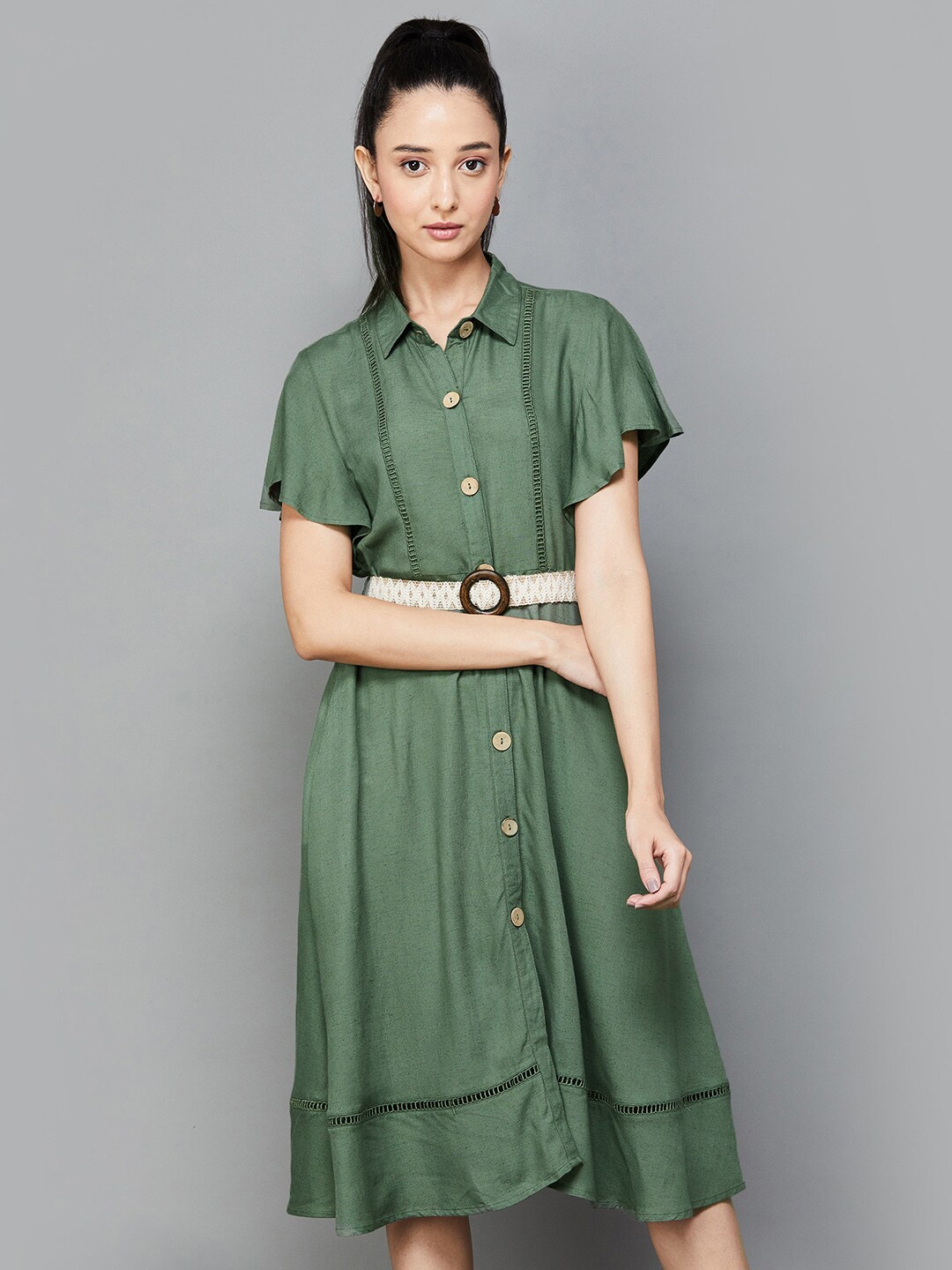 

CODE by Lifestyle Flutter Sleeve Shirt Dress With Belt, Olive