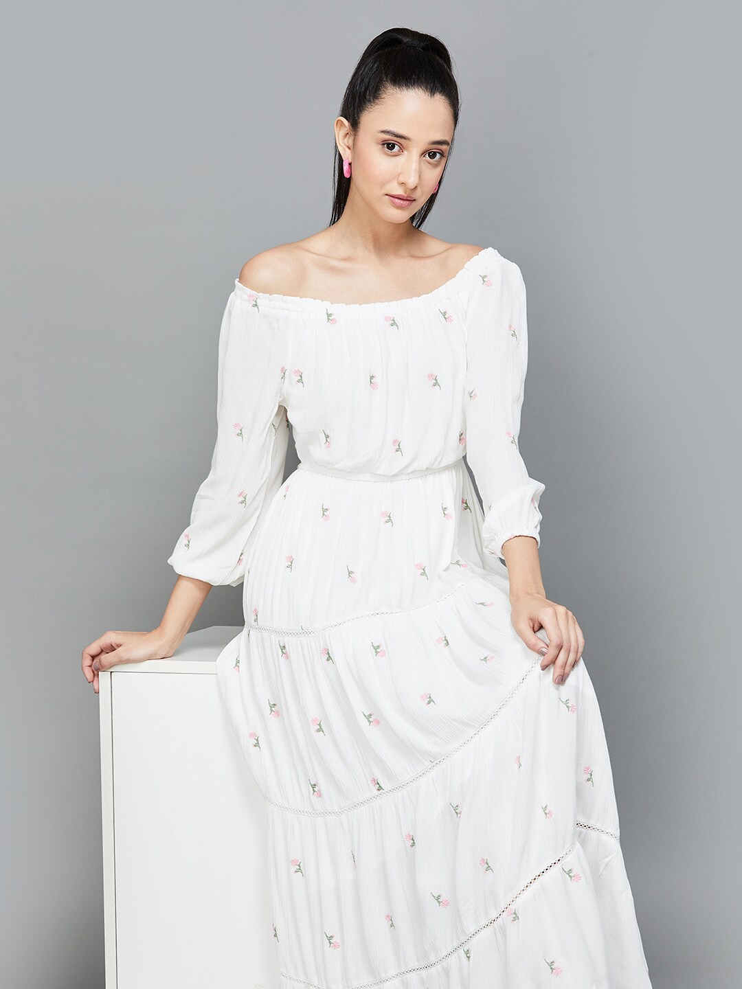 

CODE by Lifestyle Floral Embroidered Off-Shoulder Puff Sleeve Maxi Dress, Off white