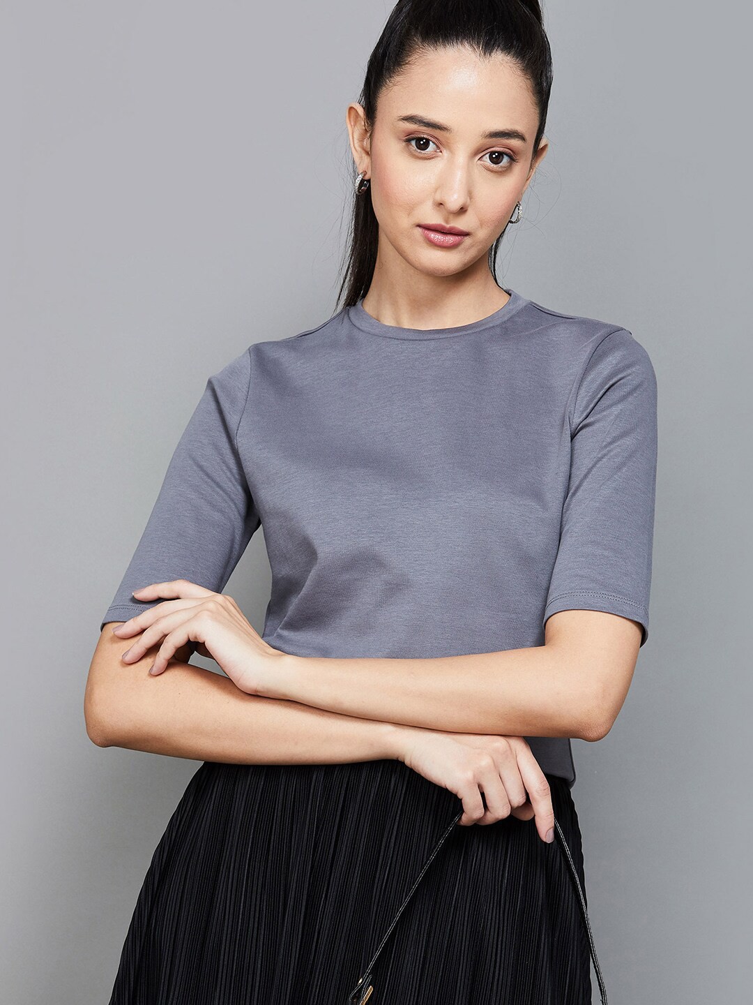 

CODE by Lifestyle Round Neck Cotton Crop Top, Grey