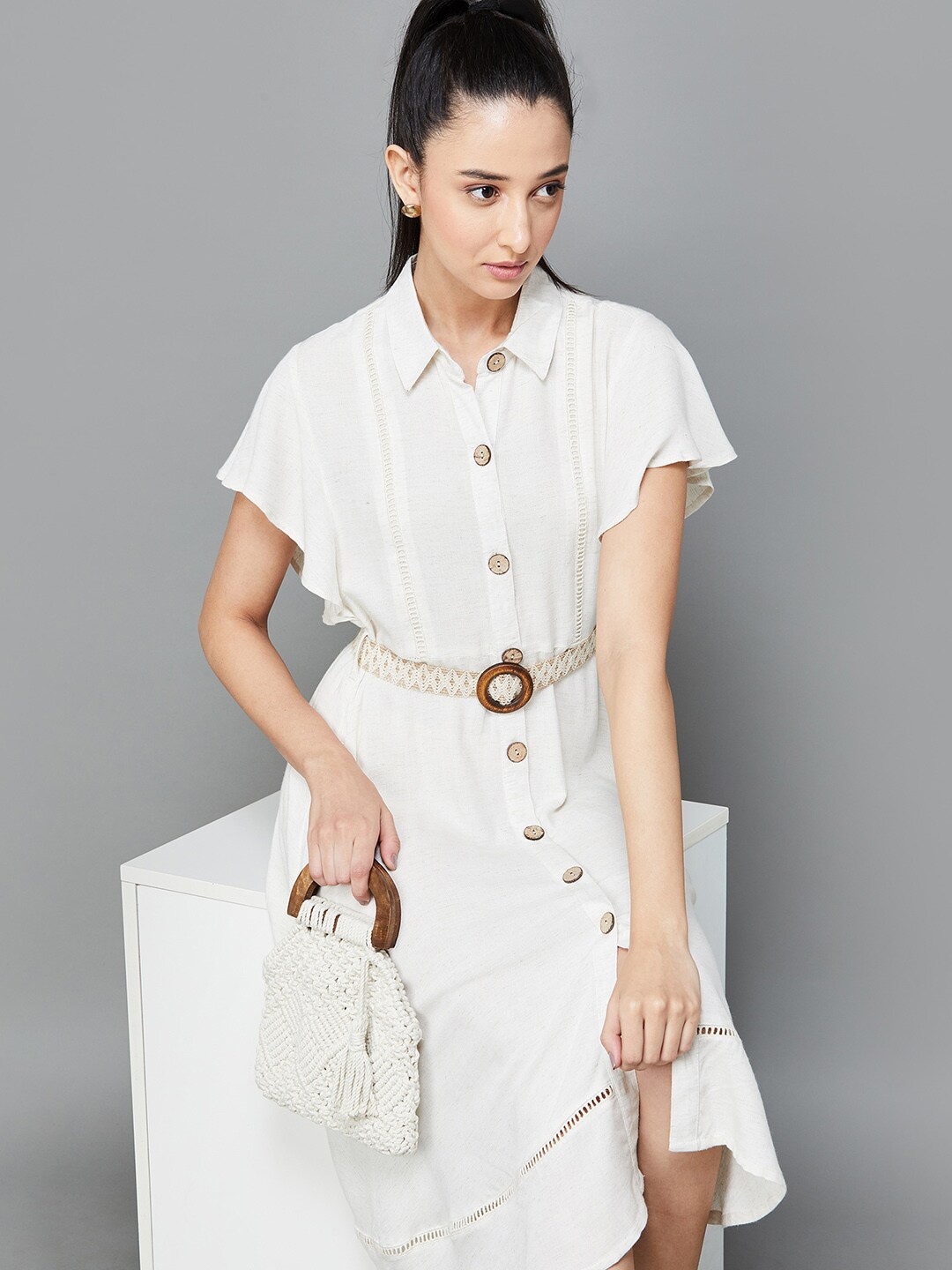 

CODE by Lifestyle Shirt Collar Flutter Sleeves Shirt Midi Dress With Belt, Beige