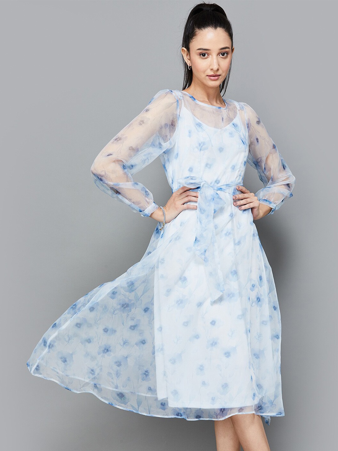 

CODE by Lifestyle Floral Printed Puff Sleeves Tie Up Midi Dress With Slip, Blue