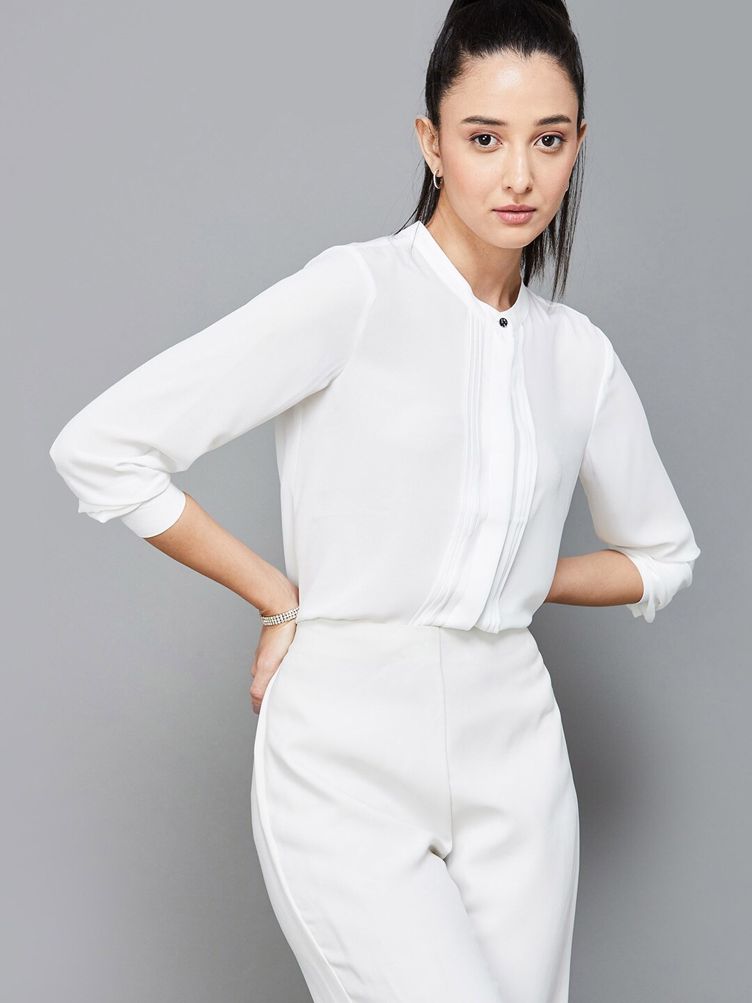 

CODE by Lifestyle Mandarin Collar Pleated Shirt Style Top, Off white