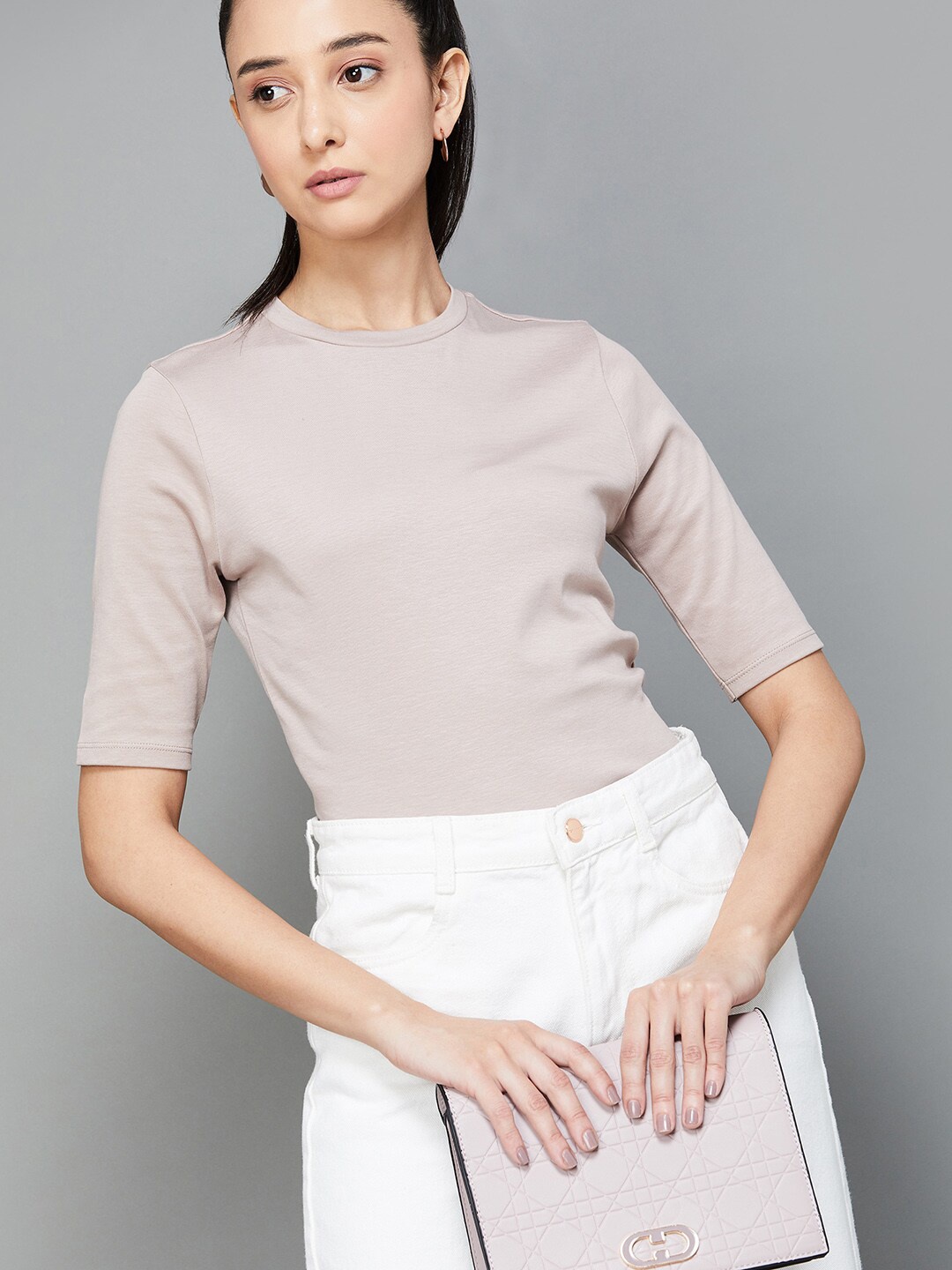 

CODE by Lifestyle Round Neck Cotton Crop Top, Beige