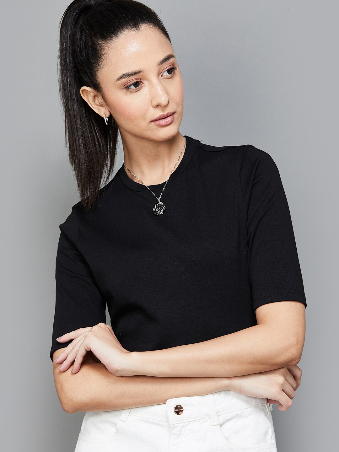 

CODE by Lifestyle Mandarin Collar Cotton Crop Top, Black