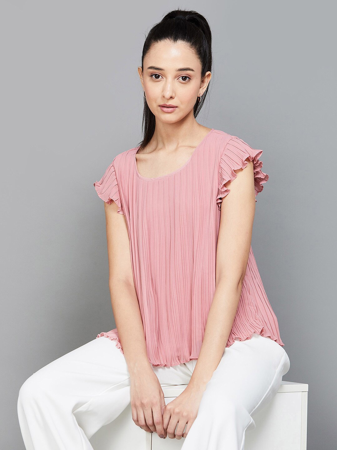 

CODE by Lifestyle Round Neck Flutter Sleeves Top, Pink