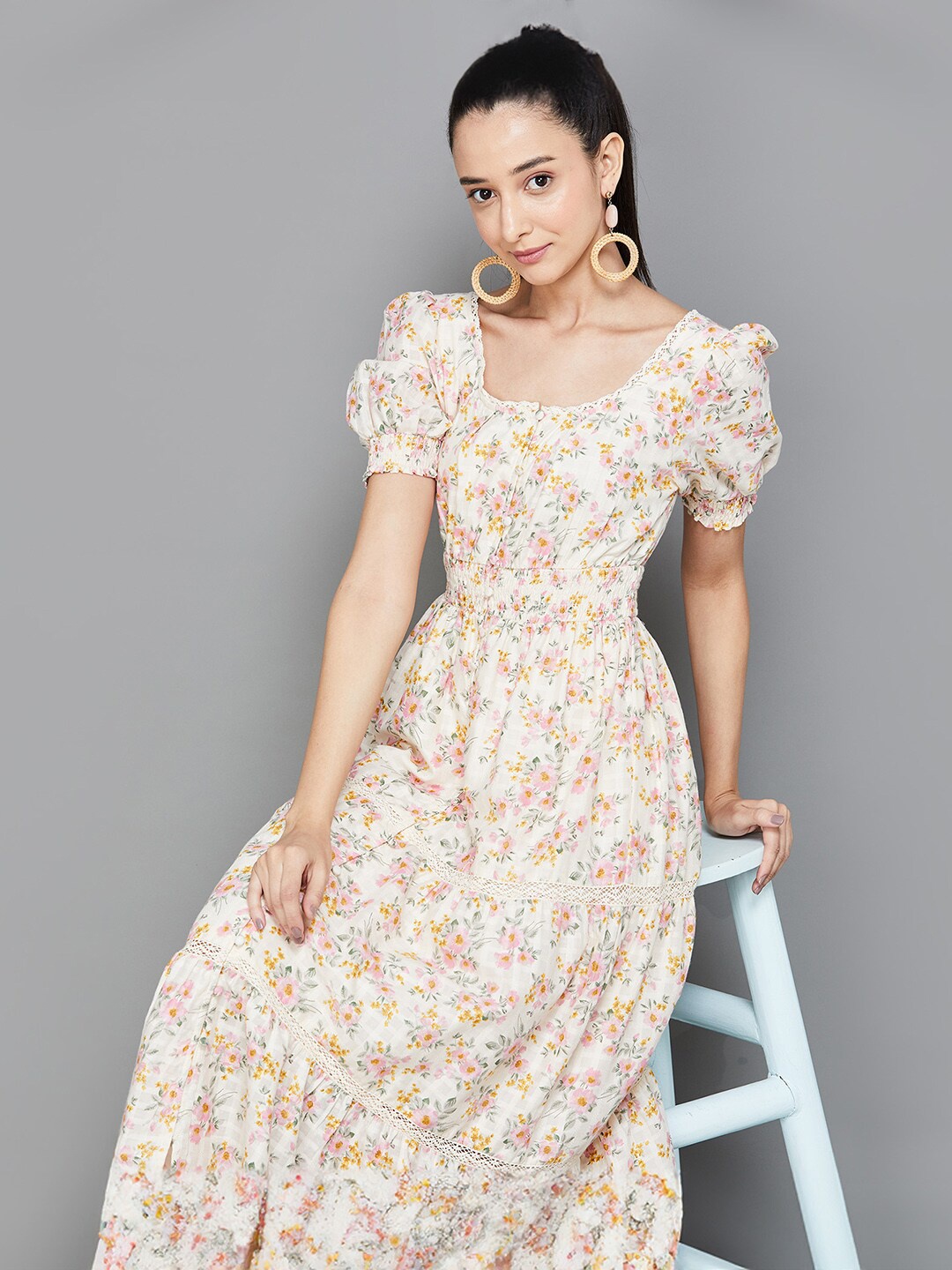 

CODE by Lifestyle Floral Printed Puff Sleeve Smocked Tiered Fit & Flare Midi Dress, Off white