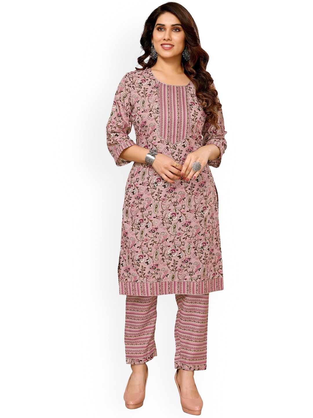 

Krimmple Floral Printed Straight Kurta with Trousers, Pink