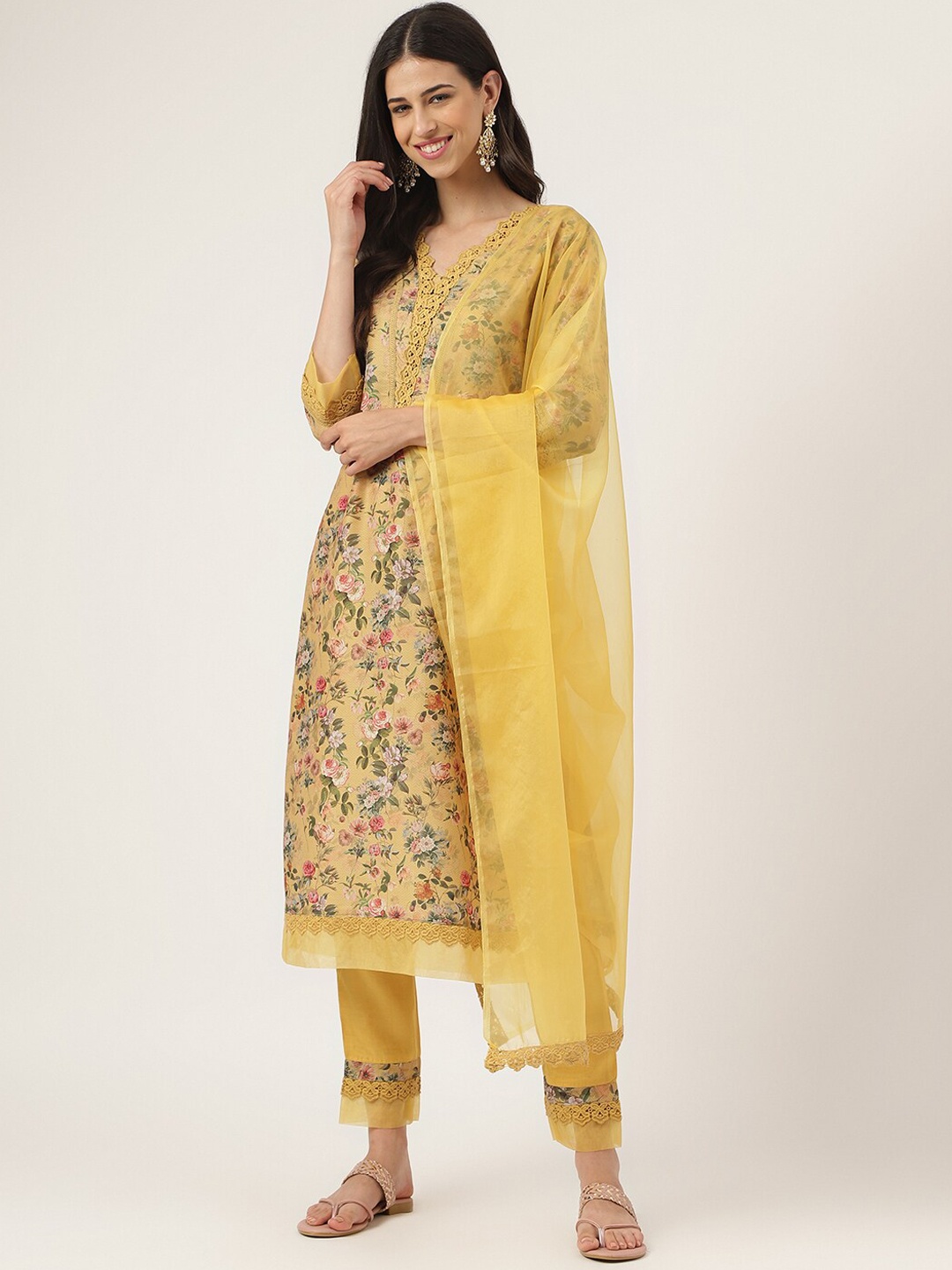 

Divena Floral Printed Lace Straight Kurta With Trouser & Dupatta, Mustard