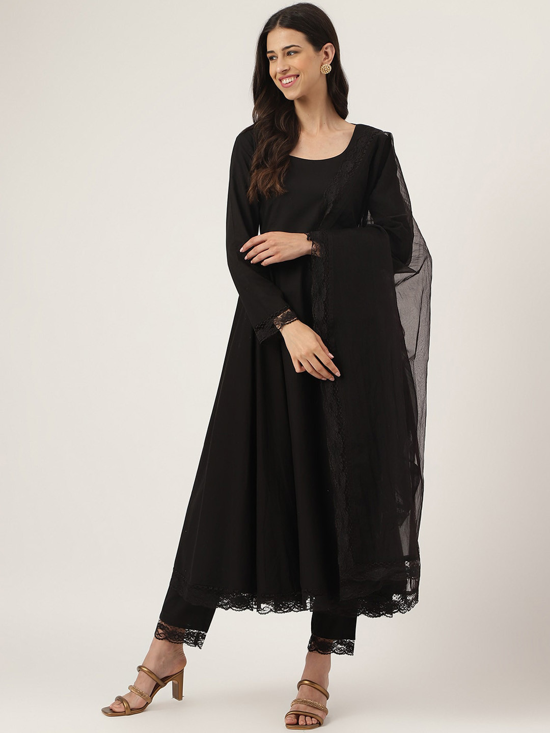 

Divena Long Sleeves Pure Cotton Lace Anarkali Kurta with Trouser & Dupatta, Black