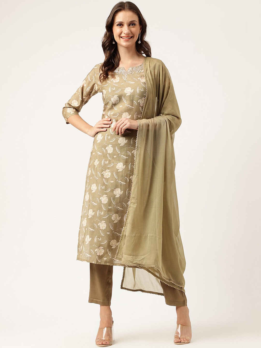 

Divena Floral Printed Pure Cotton Beads & Stones Straight Kurta with Trouser & Dupatta, Olive