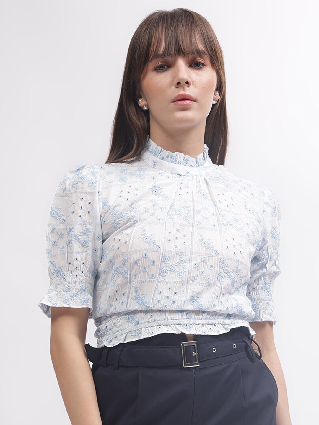 

ELLE Self Design High Neck Puff Sleeve Cotton Schiffli Cinched Waist Top, White