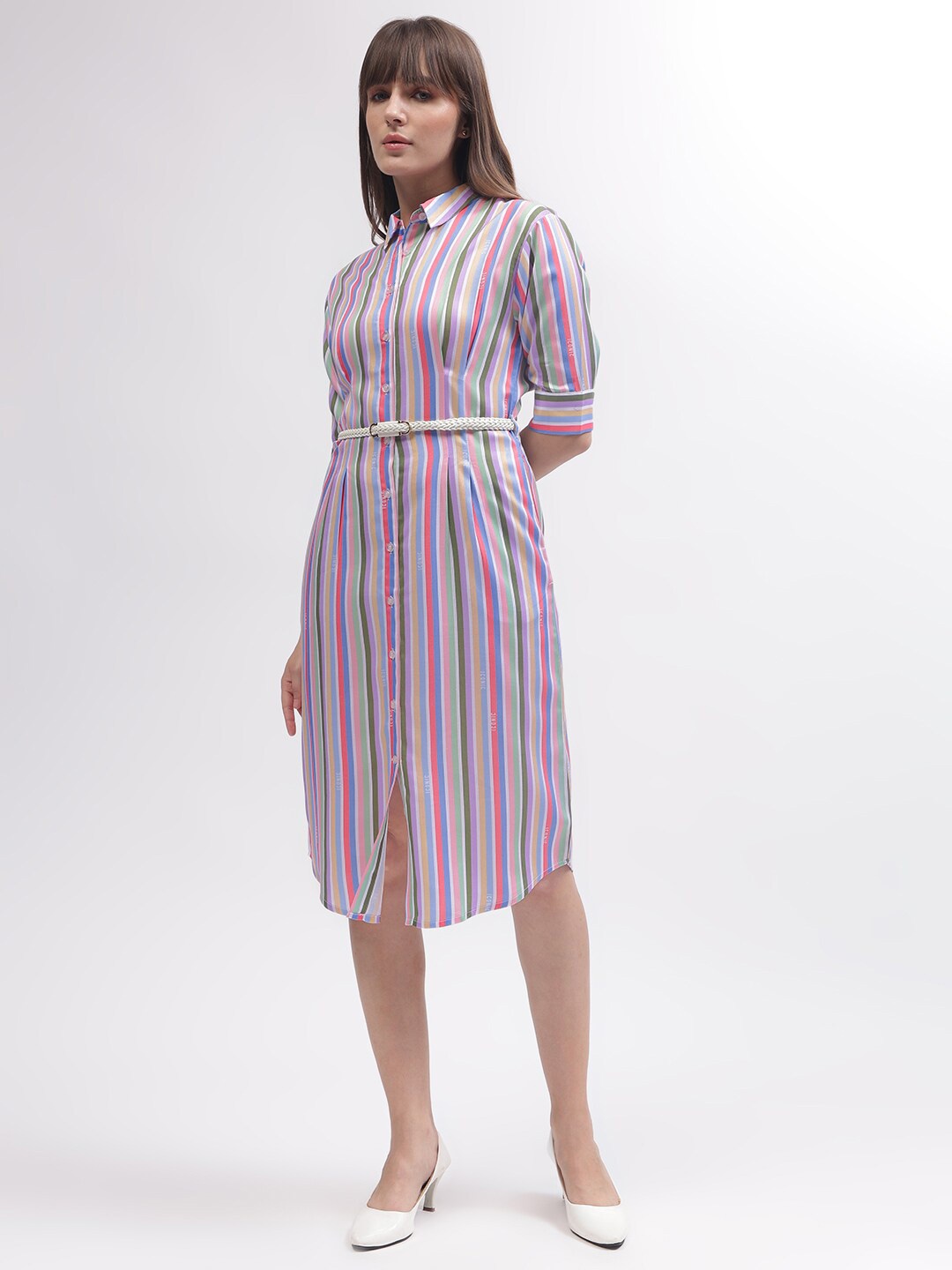 

Iconic Striped Cuffed Sleeves Shirt Dress, Purple