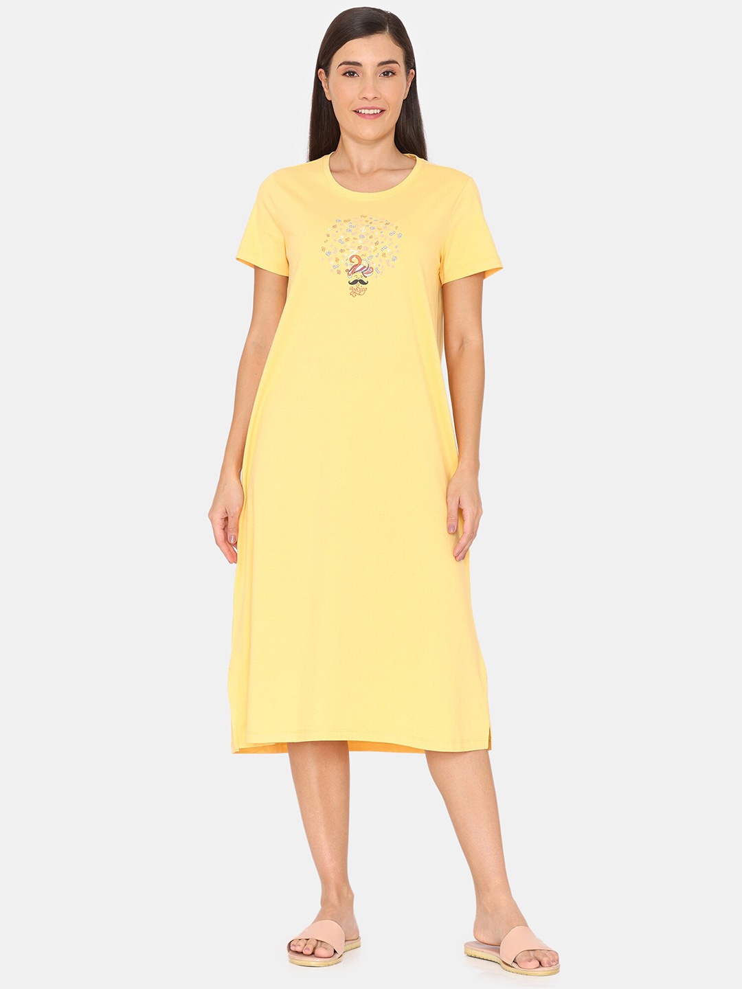 

Zivame Round Neck Pure Cotton T-shirt Nightdress, Yellow