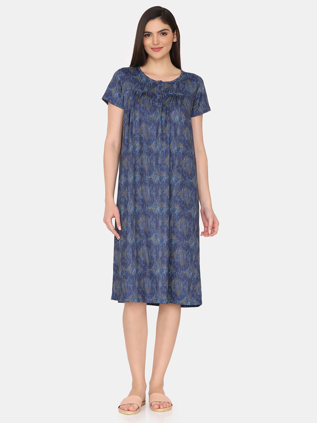 

Zivame Abstract Printed Round Neck Nightdress, Blue