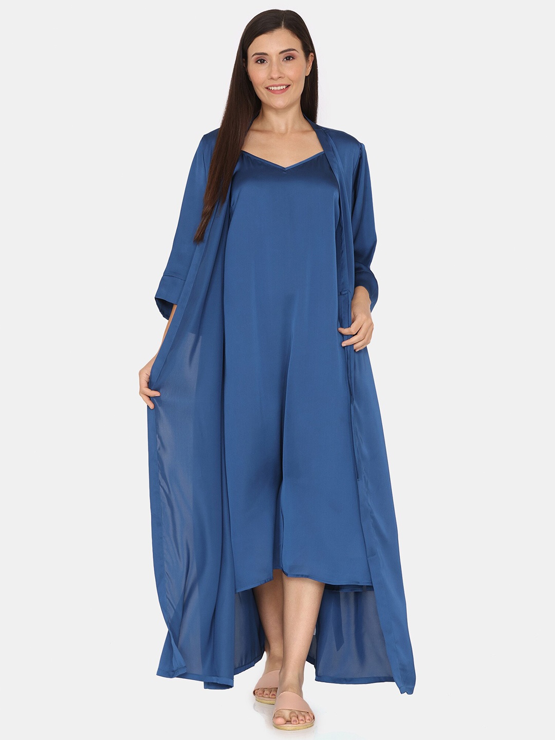 

Zivame Shoulder Straps Maxi Nightdress WIth Robe, Blue