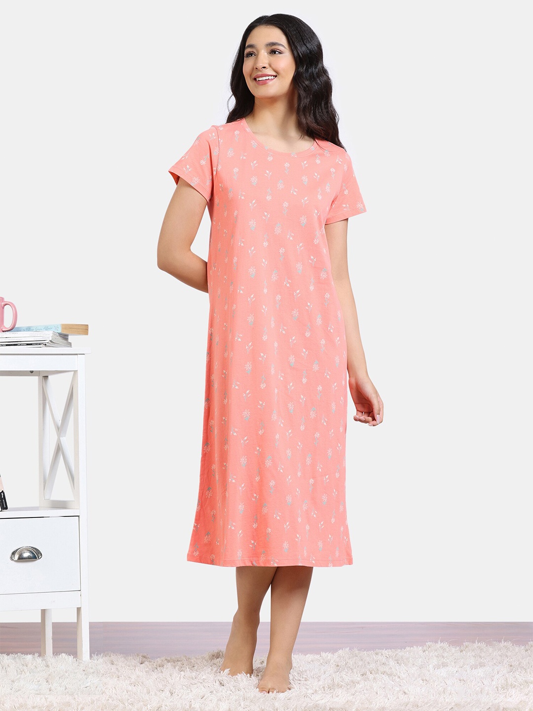 

Zivame Ethnic Motifs Round Neck Pure Cotton Printed Nightdress, Pink