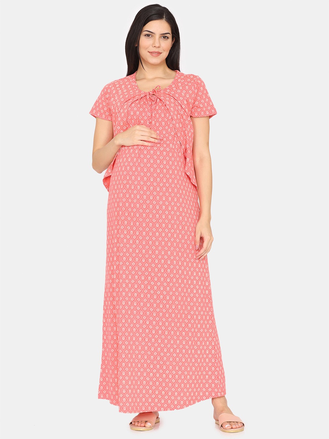 

Zivame Ethnic Motifs Printed Pure Cotton Maxi Maternity Nightdress, Orange