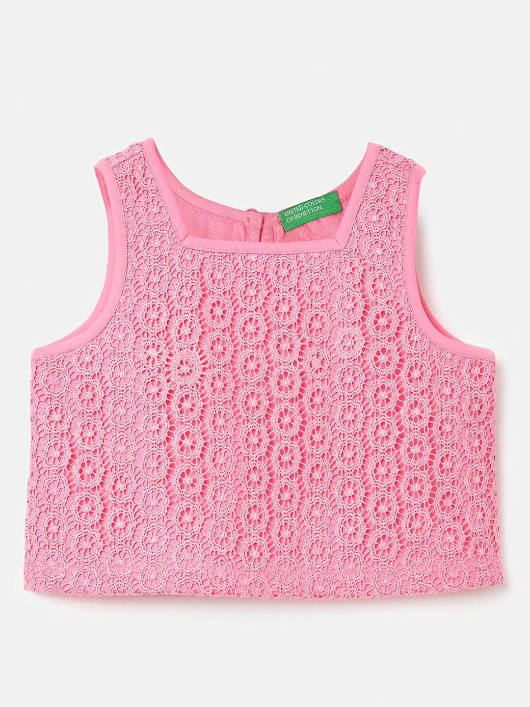 

United Colors of Benetton Girls Self Design Square Neck Embroidered Top, Pink