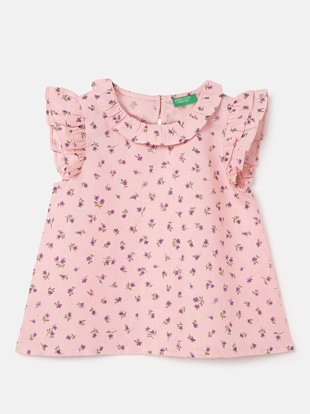 

United Colors of Benetton Girls Floral Printed Flutter Sleeve Ruffled Top, Pink