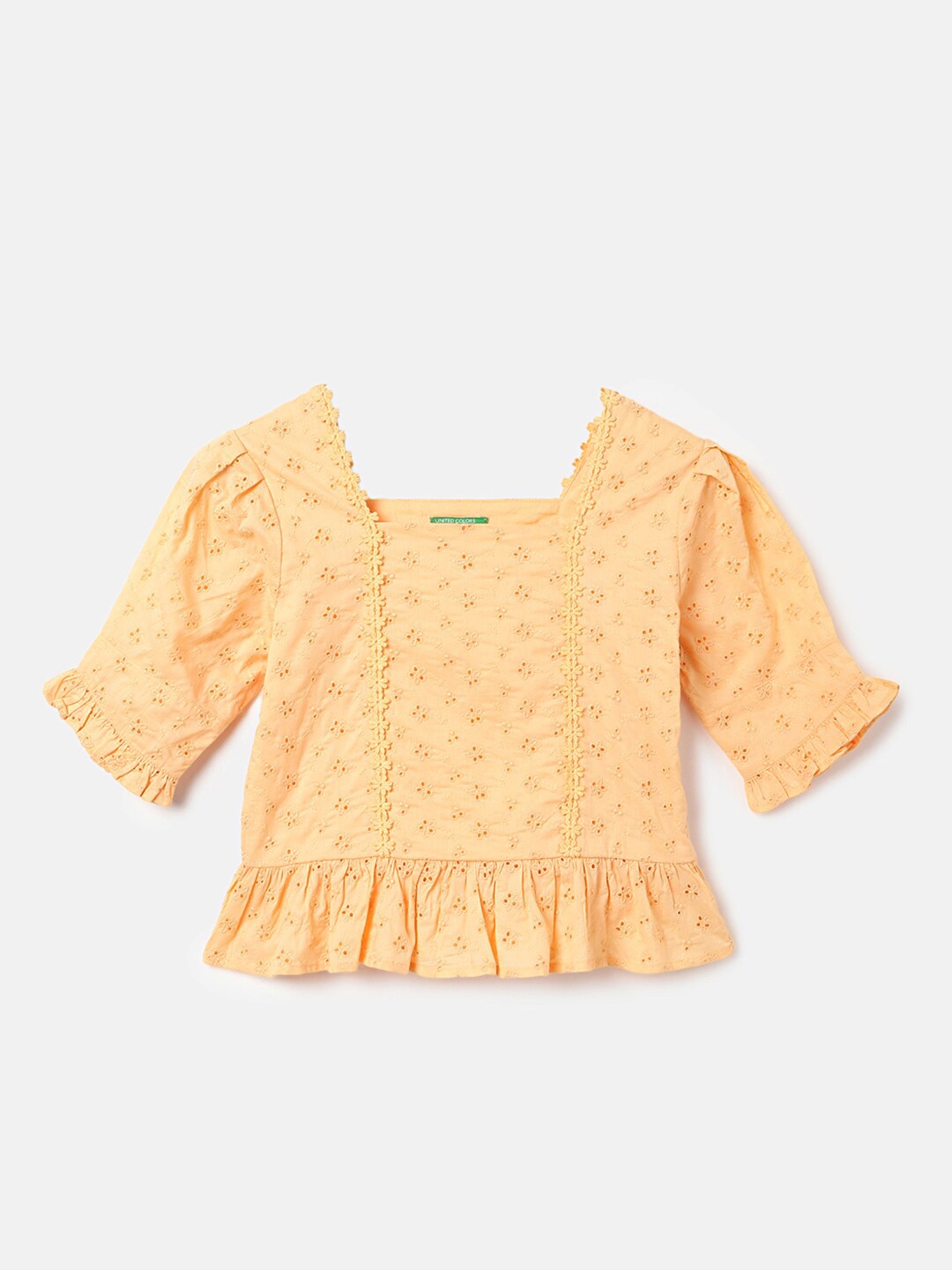 United Colors of Benetton Girls Self Design Square Neck Embroidered Pure Cotton Top, Orange