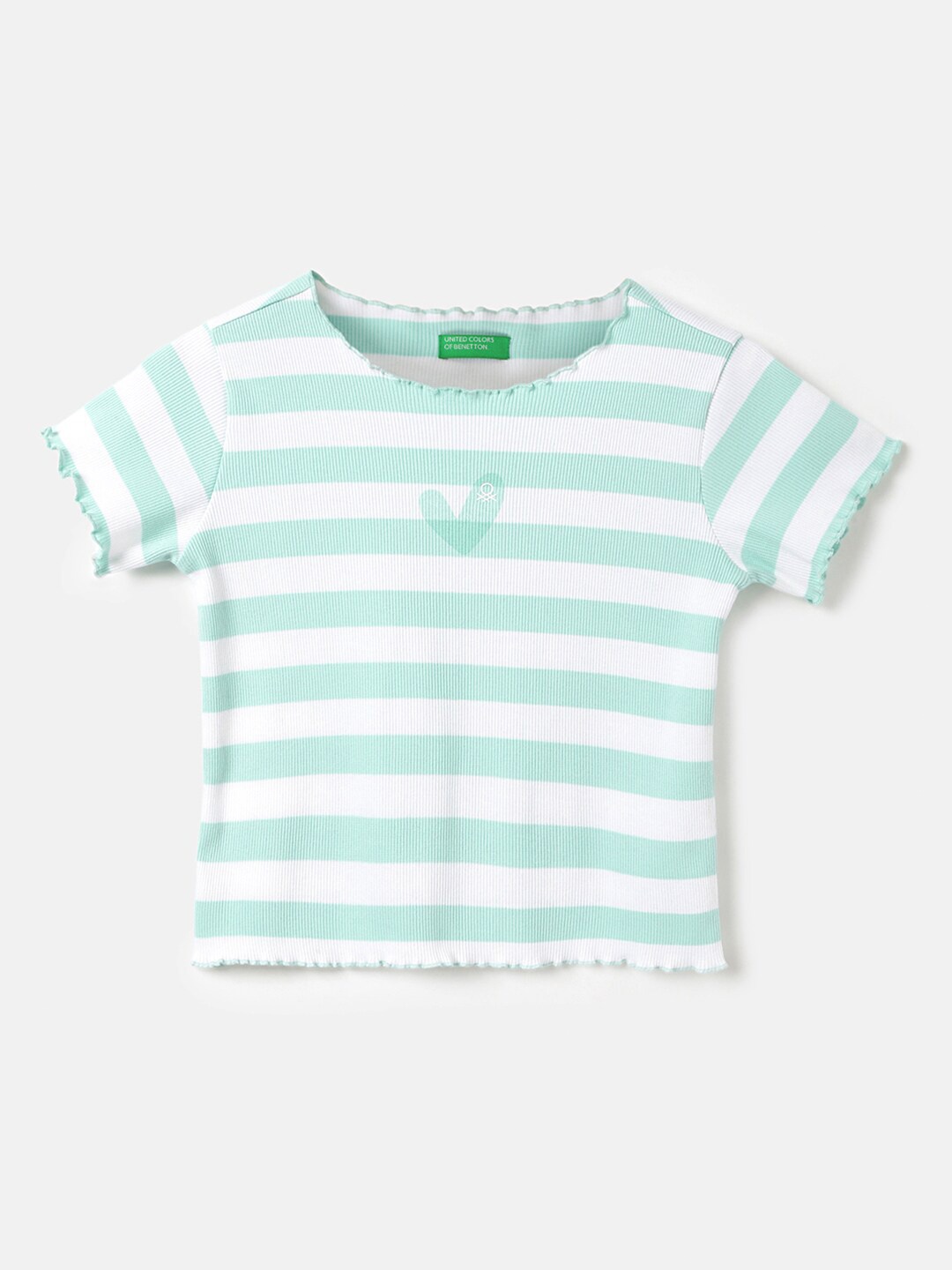 

United Colors of Benetton Girls Striped Pure Cotton T-shirt, Green