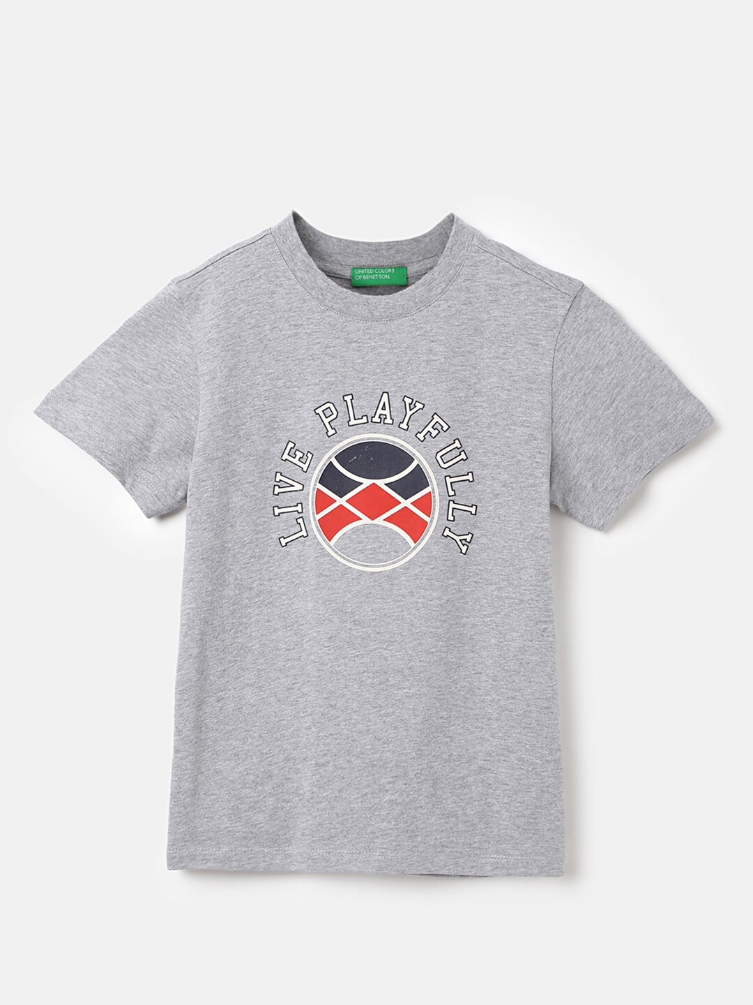 United Colors of Benetton Boys Graphic Printed Pure Cotton T-shirt, Grey