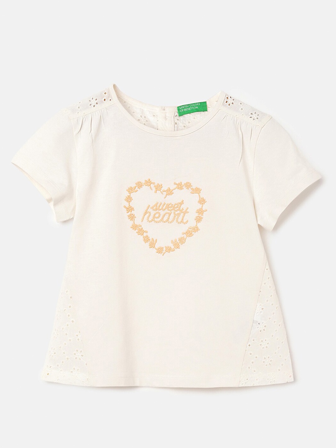 

United Colors of Benetton Girls Embroidered Schiffli Pure Cotton Top, Beige