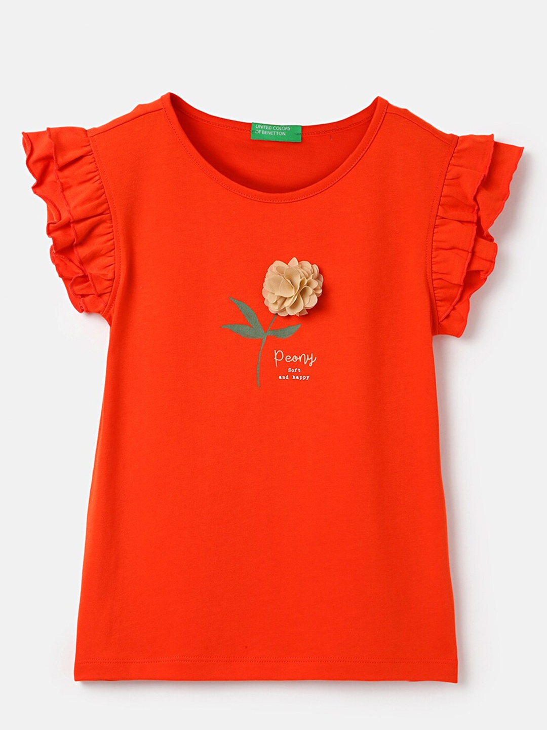 

United Colors of Benetton Girls Flutter Sleeve Applique Pure Cotton Top, Orange
