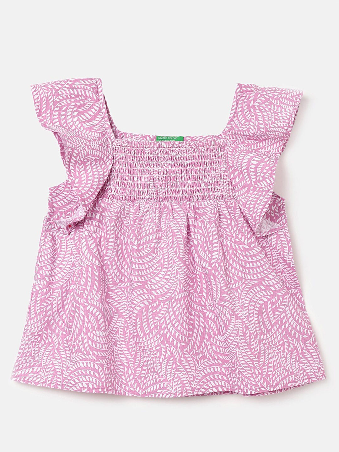 

United Colors of Benetton Girls Floral Printed Square Neck Ruffled Smocked Pure Cotton Top, Pink