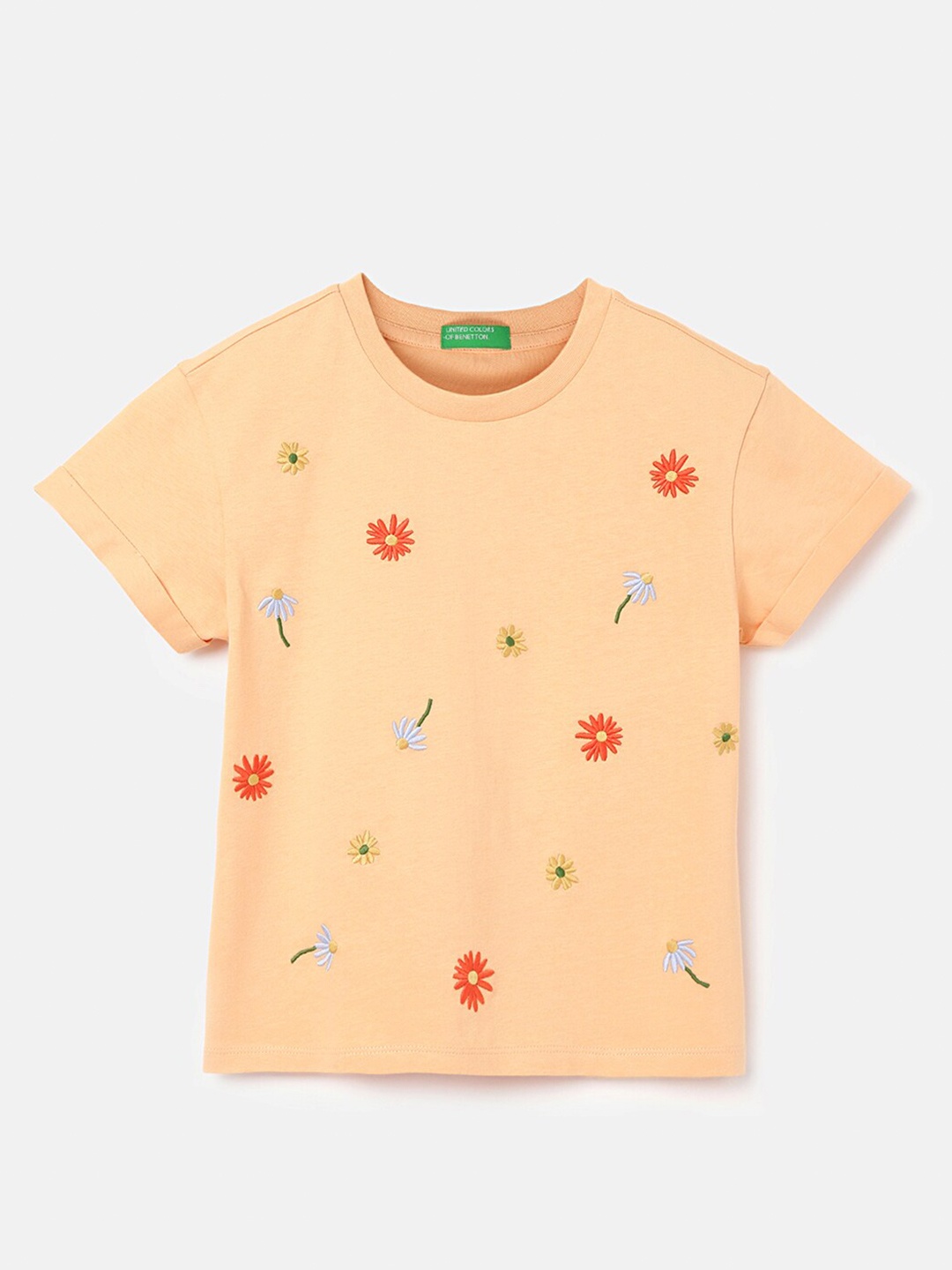 

United Colors of Benetton Girls Floral Printed Pure Cotton T-shirt, Orange