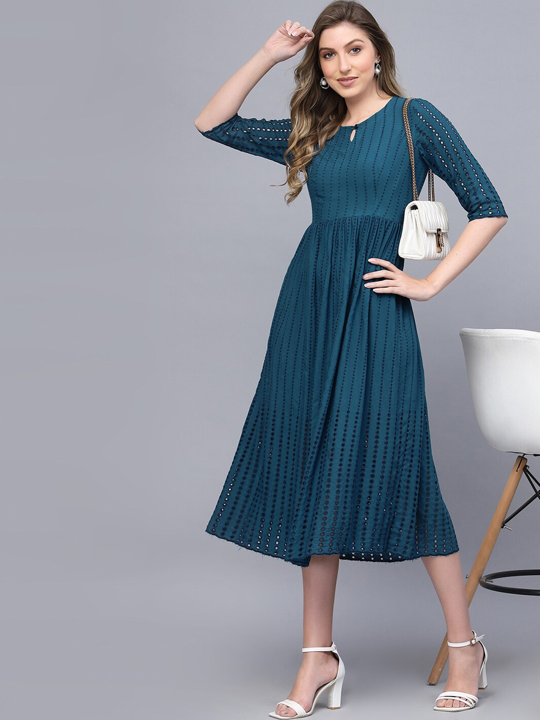 

Selvia Keyhole Neck Fit & Flare Midi Dress, Teal